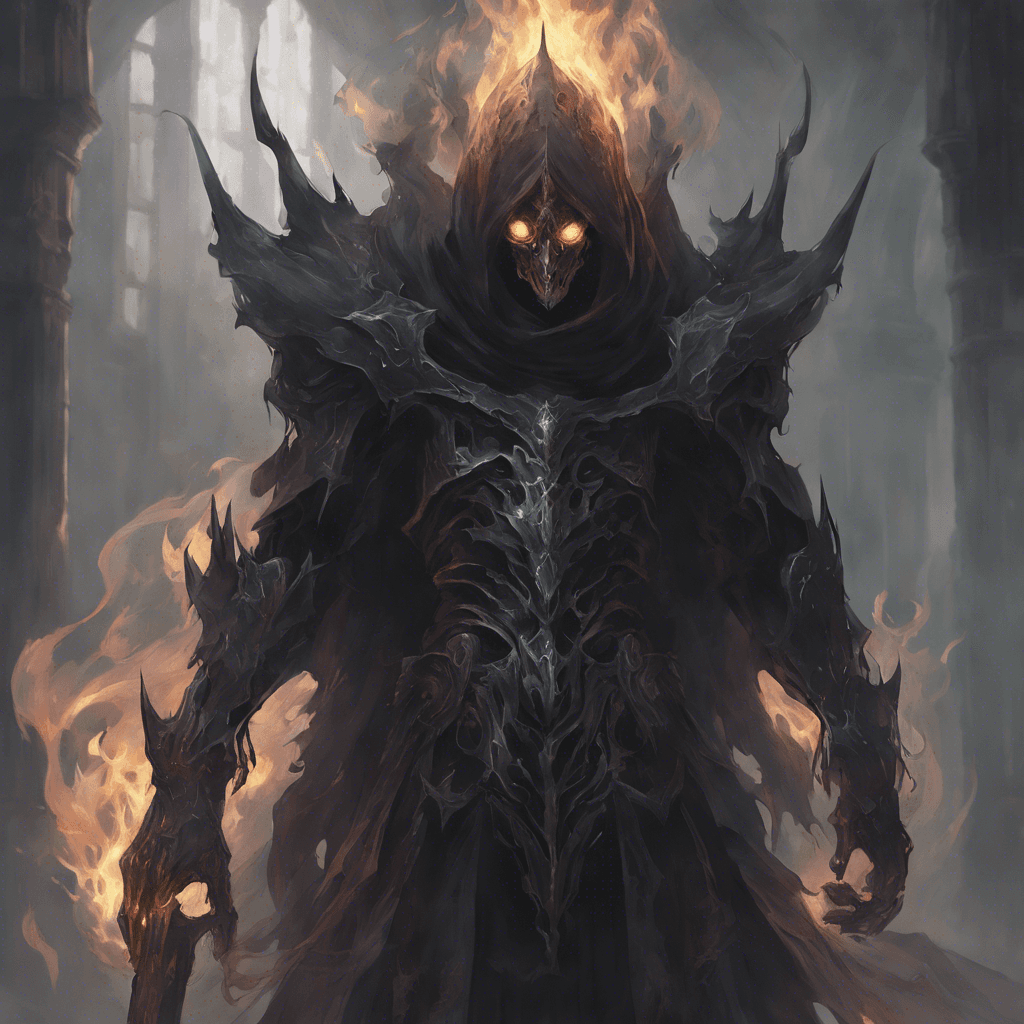 A shadowy figure cloaked in ethereal armor, with empty eye sockets that burn with faint ghostly flames. Its form is transparent in some places but more solid where its ancient armor clings to its shape.