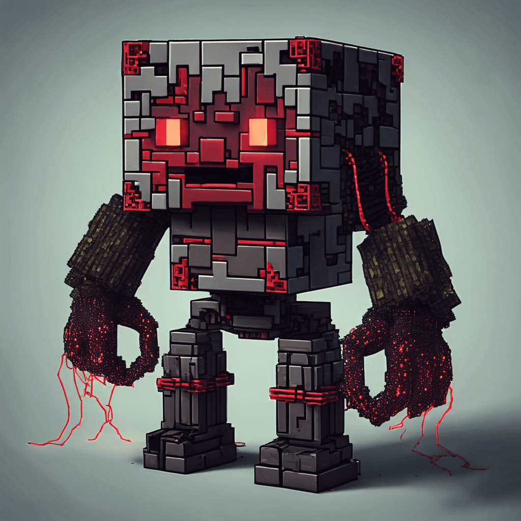 A creature resembling a boxy, pixelated creeper from the game Minecraft, but with a menacing, cybernetic twist. It has glowing red eyes and wires protruding from its body like veins, pulsating with energy. Some parts of its skin flicker with static, indicating corrupted data blocks, and a sinister aura of digital decay surrounds it.