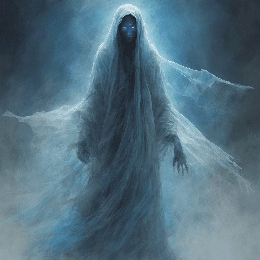 A ghostly figure, nearly transparent with tattered garments that flutter in an unseen wind, its eyes gleaming with an eerie blue light.