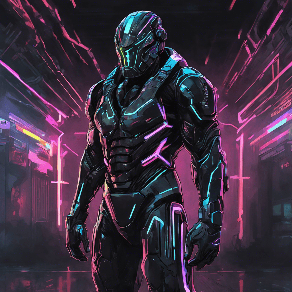 A towering figure clad in blackened riot gear with pulsing neon lines crisscrossing its suit. Its face is hidden behind a mirrored visor, and its arms are bulked with hydraulic strength enhancers. It moves with both imposing weight and unexpected swiftness, sending shivers down the spine of anyone who catches a glimpse of this cybernetic enforcer.