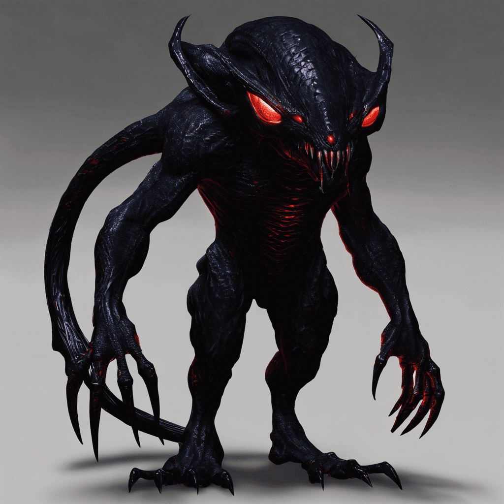 The Xenon Shadow Stalker is a fearsome alien creature standing at 8 feet tall, covered in sleek black scales that can shift and blend seamlessly with its surroundings, making it nearly invisible. Its glowing red eyes pierce through the darkness, and its razor-sharp claws are capable of slicing through metal with ease.