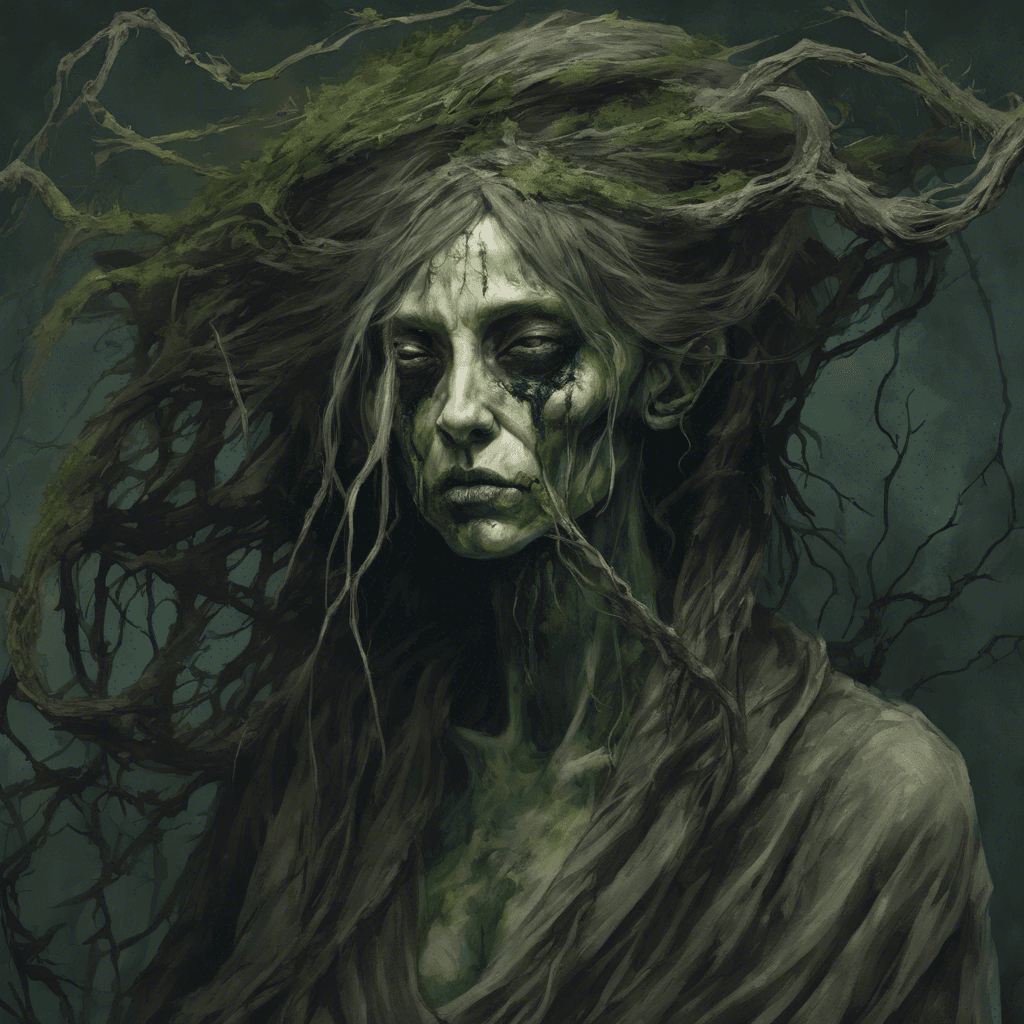 A gnarled and twisted figure, with sickly green skin and long, matted hair entwined with decayed foliage. Her fingers are elongated and end in sharp, blackened nails. She wears tattered robes that hang off her emaciated frame, and her eyes burn with an unnatural light.