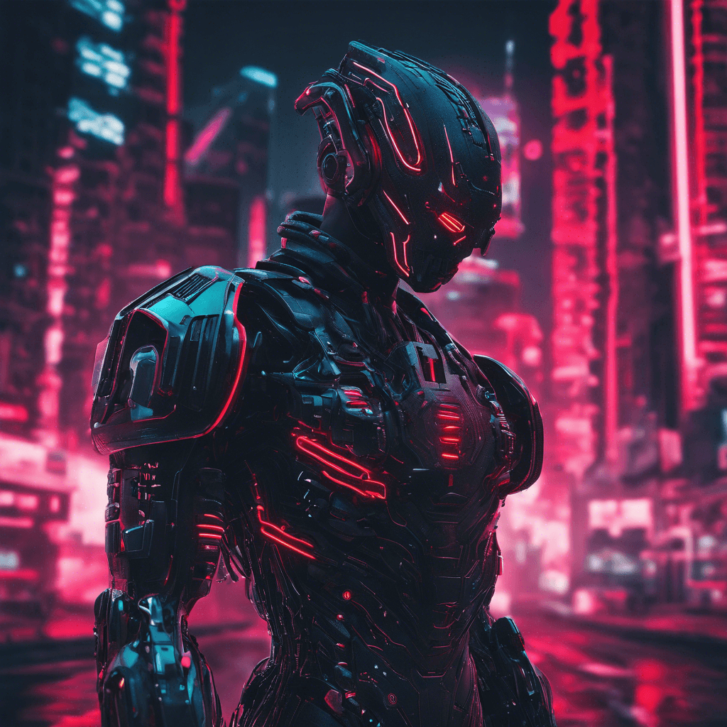 The Cyber Sentinel is a humanoid figure clad in sleek, black armor embedded with pulsating neon circuits. Its eyes glow with a menacing red light, scanning its surroundings with advanced sensors. Wires protrude from its body, connecting it to the digital network of the city.