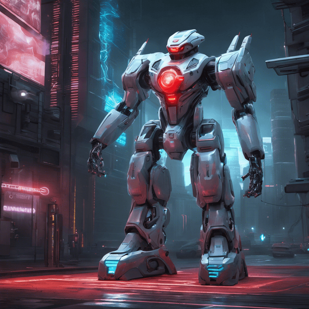 The Quantum Sentinel is a towering robotic entity, built with sleek, futuristic design and glowing energy cores emitting a pulsating hum. Its limbs move with precision, and its red sensors lock onto targets with uncanny accuracy.