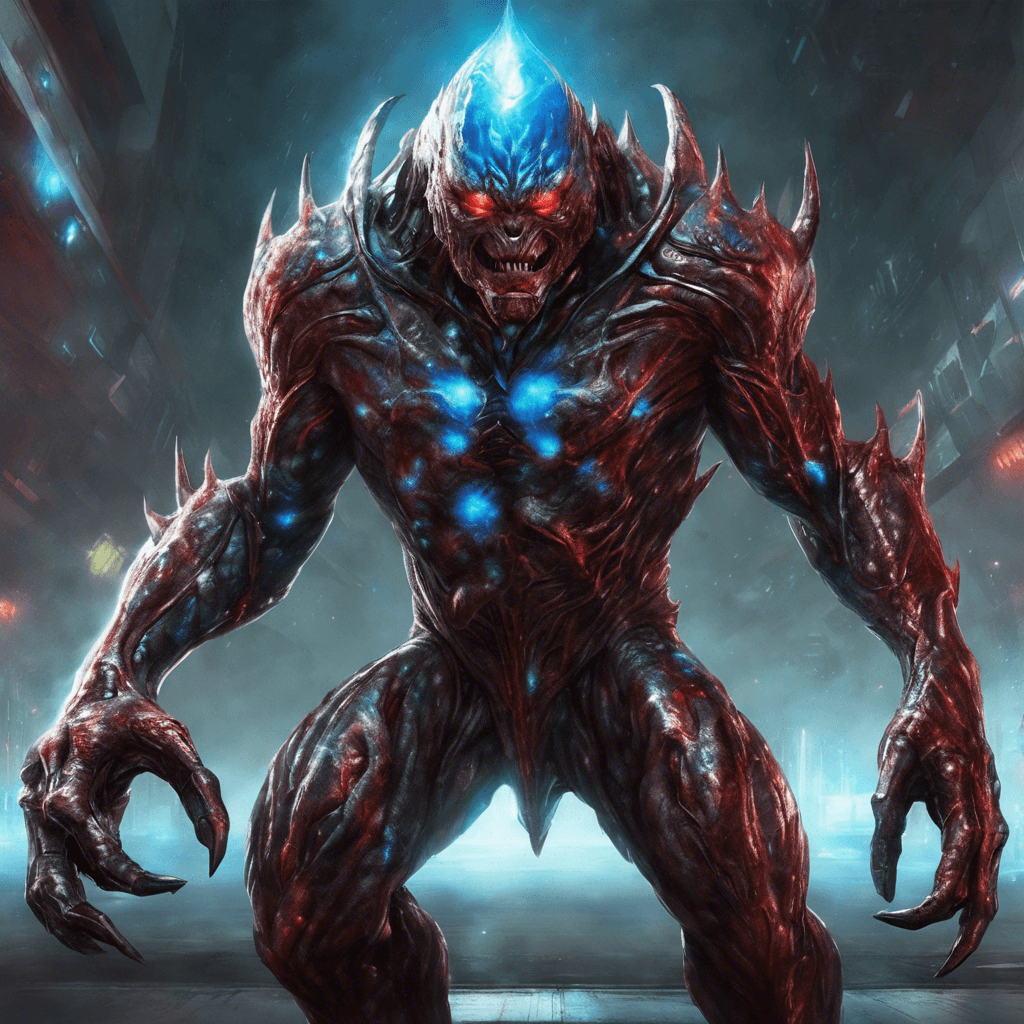 The Xenon Blight is a hulking alien creature covered in metallic armor, emitting a faint blue glow. Its eyes are a piercing red, and its movements are swift and calculated. Its body is adorned with strange markings that seem to pulsate with energy.