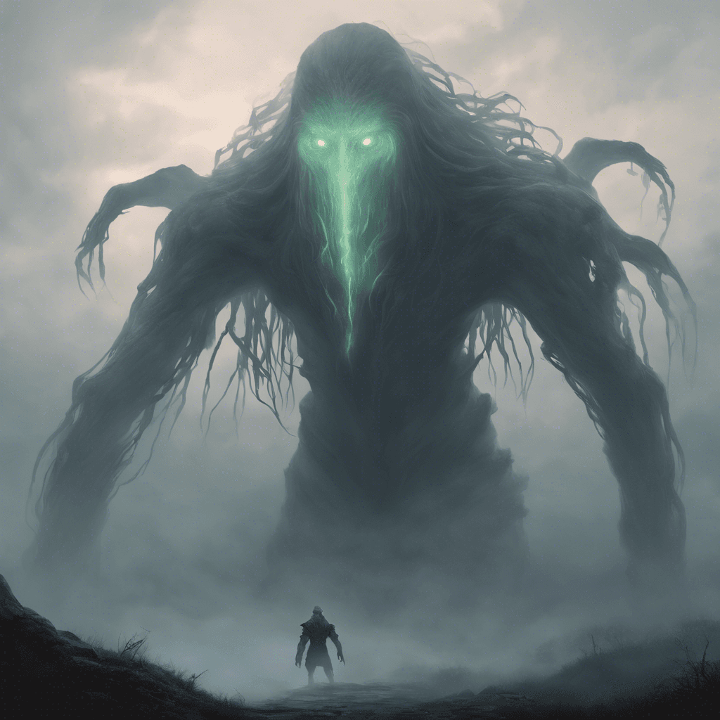 A towering creature made from the thick mists of the vale, with glowing eyes and long, tendriled arms that seem to shift and swirl with the fog around it.