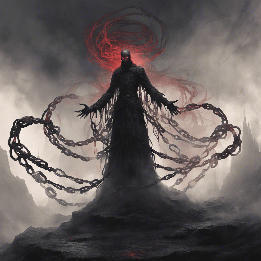 A towering shadowy figure with piercing red eyes and an aura of swirling dark mist. Its long, clawed hands are poised to strike, and ethereal chains drape across its form, clinking softly with each menacing step it takes.