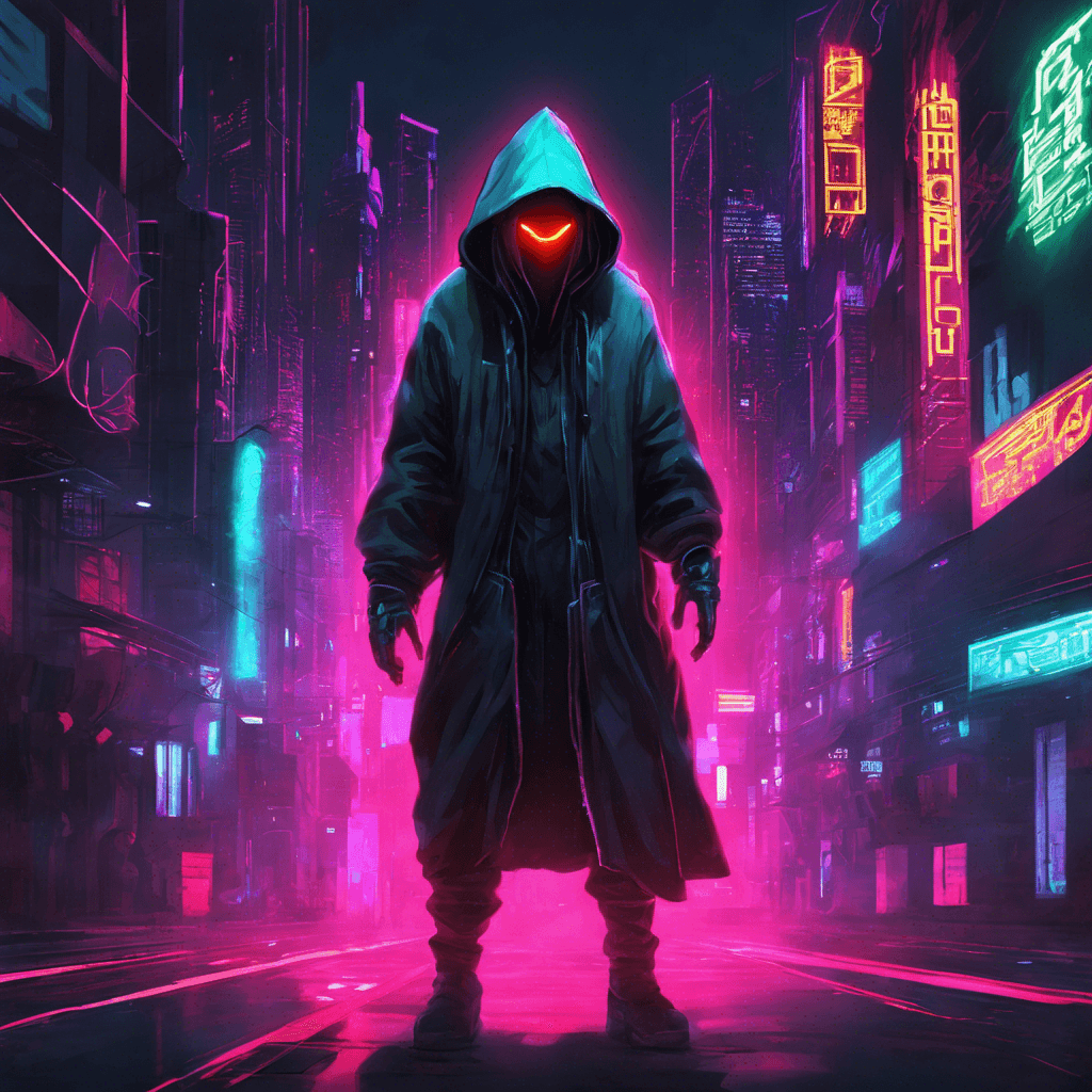 The Neon Hacker is a cybernetically enhanced individual with glowing neon cybernetic implants covering their body. They wear a hooded cloak that conceals most of their face, with glowing red eyes peering out from the shadows. They move swiftly and silently, blending into the neon-lit cityscape.