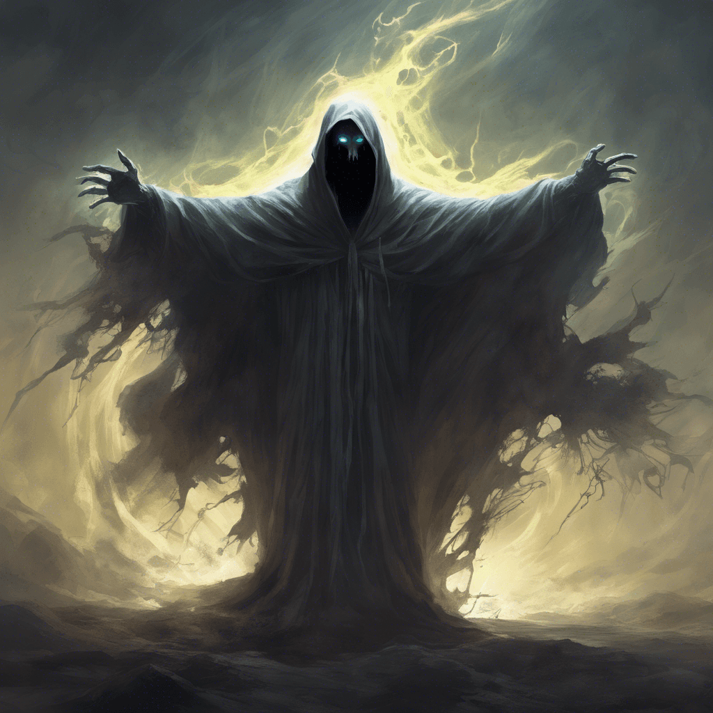 A spectral figure shrouded in tattered robes, its glowing eyes piercing the darkness, floating above the ground with a menacing presence.