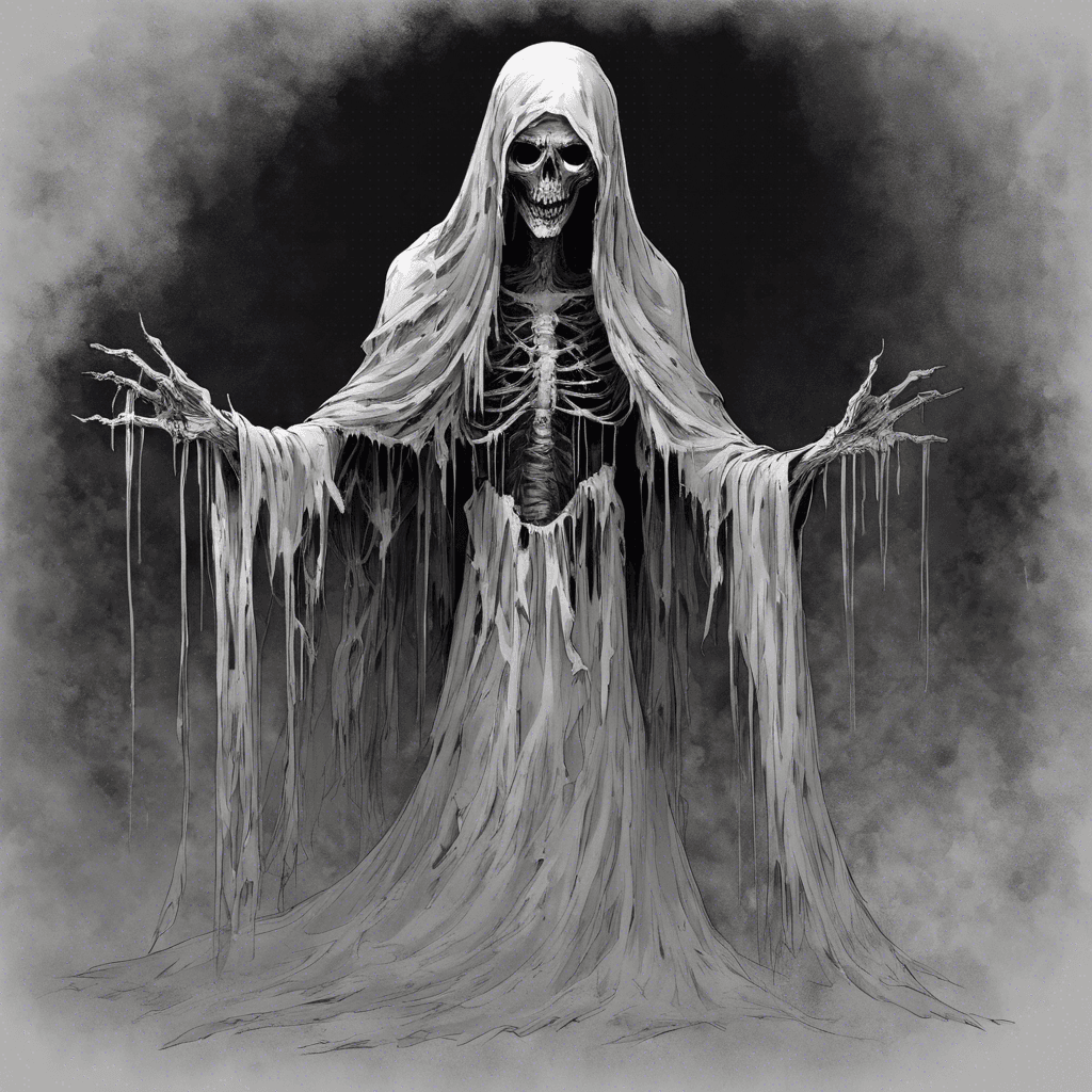 The Whispering Wraith is a ghostly figure with glowing eyes and tattered clothing, emitting an eerie wail that chills you to the bone. It appears out of thin air, its presence unsettling and haunting.