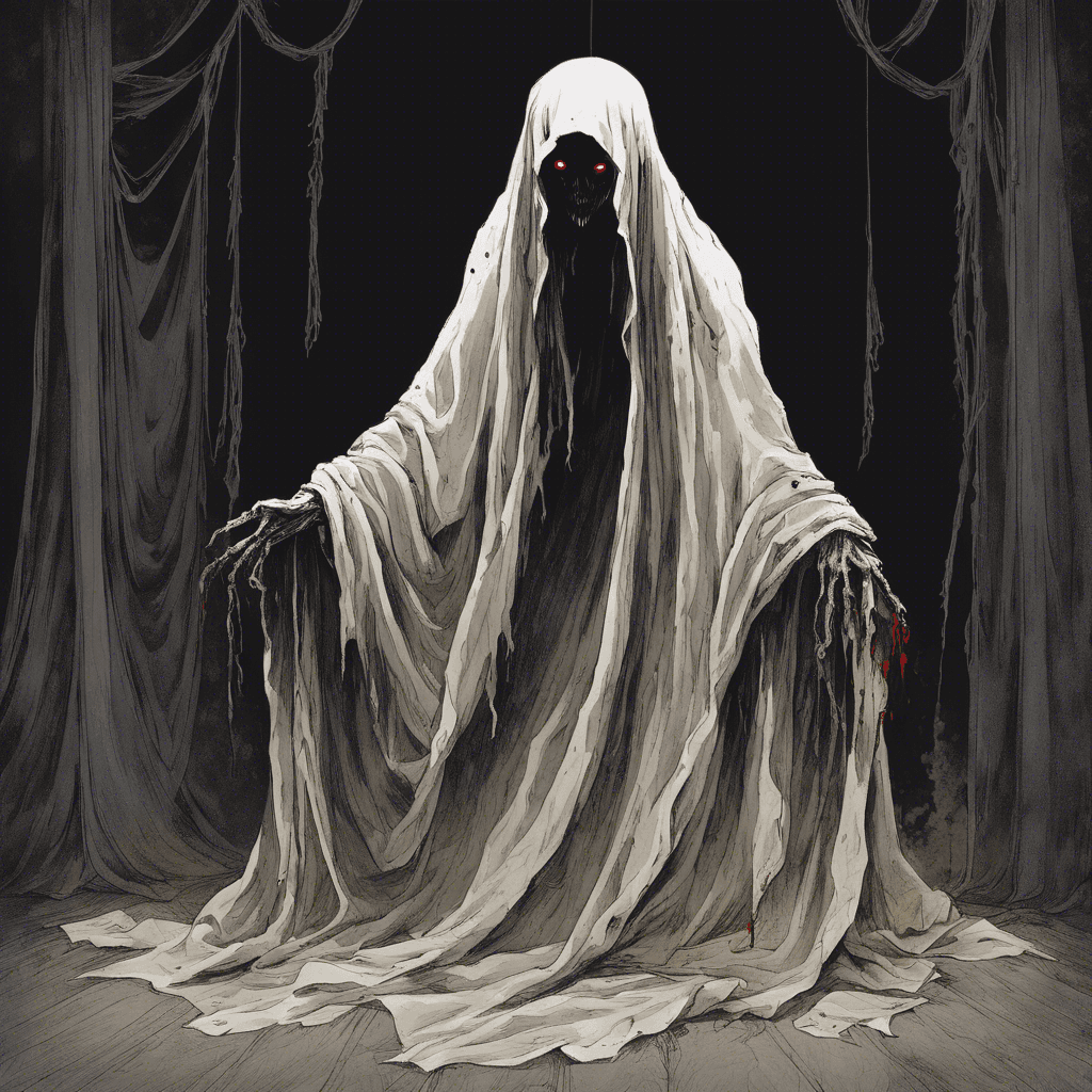 A ghostly figure draped in tattered robes that hang from its body like aged curtains. Its face is a void of darkness, but two glowing red eyes pierce the shadows, fixated with a haunting intensity.