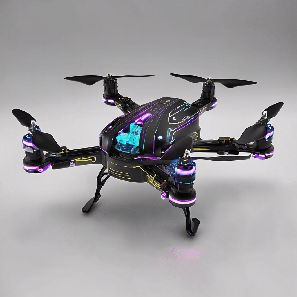 The Techno-Drone is a sleek, metallic quadcopter equipped with advanced surveillance and offensive capabilities. Its body is adorned with neon lights and intricate circuitry, and it emits a low hum as it hovers effortlessly in the air.