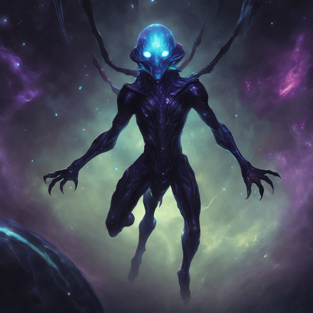 The Voidwalker is a mysterious alien being with a dark, shimmering skin that seems to absorb light. It floats effortlessly through the vacuum of space, emitting an eerie humming sound as it moves. Its eyes glow with an otherworldly energy, betraying an intelligence that is far beyond human comprehension.