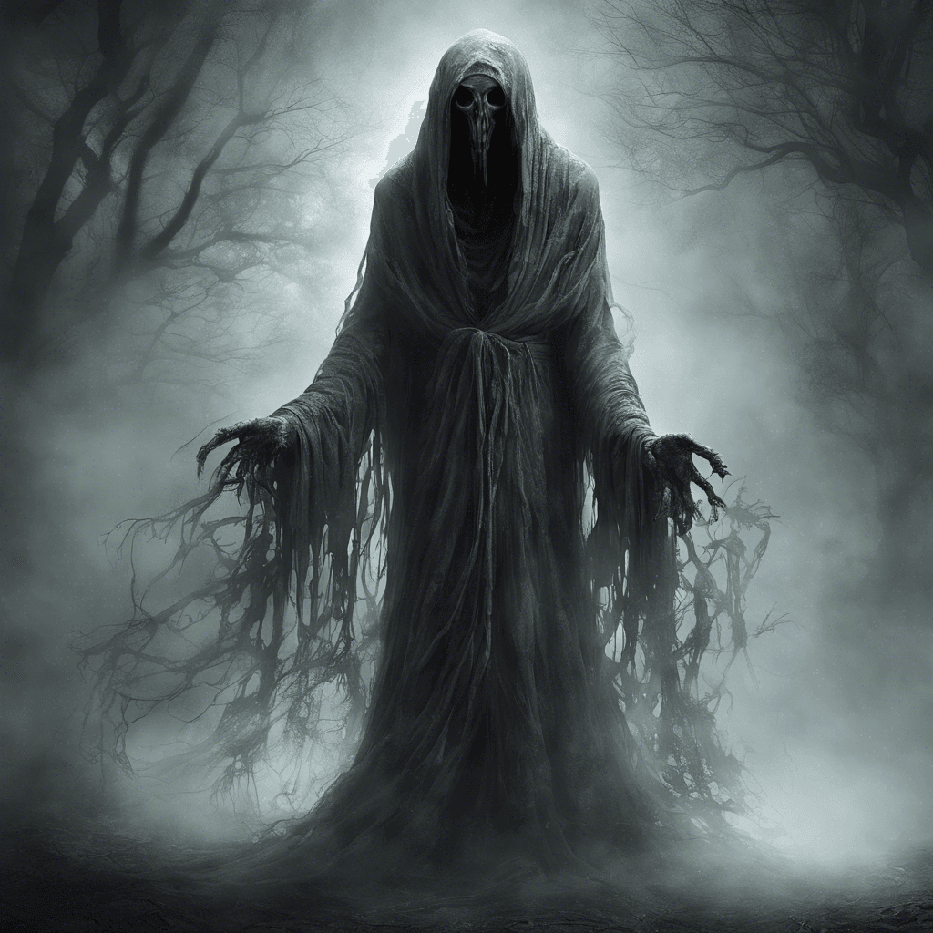 The Whispering Wraith is a spectral figure shrouded in tattered robes, with wisps of fog constantly swirling around its form. Its eyes glow with an otherworldly light, and its mere presence sends shivers down your spine. It seems to be whispering unintelligible words that echo in your mind, filling you with dread.