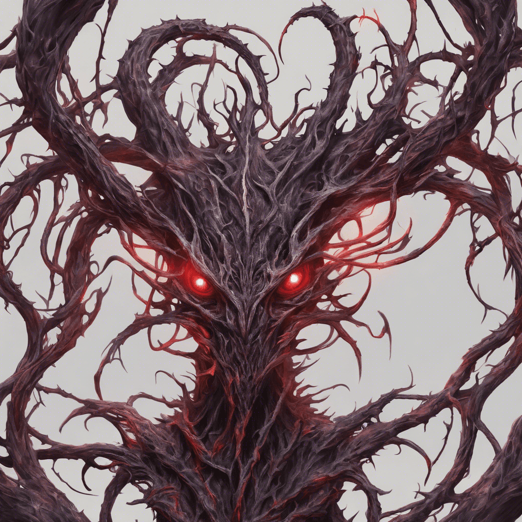 A towering entity woven from gnarled, thorny vines and dark, corrupted magic swirls around its form. Its eyes glow with a feverish red light, and long, sharp claws extend from its vine-like fingers. Dry leaves and sinister energy seem to emanate from its very presence.