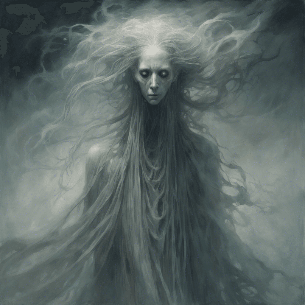 An ethereal figure, with long tattered robes that seem to move as though underwater. Its hauntingly elongated face bears an expression of agony, and its hollow eyes seem to absorb the very light around it. Ghostly hair floats around its head like a crown of twisted smoke.