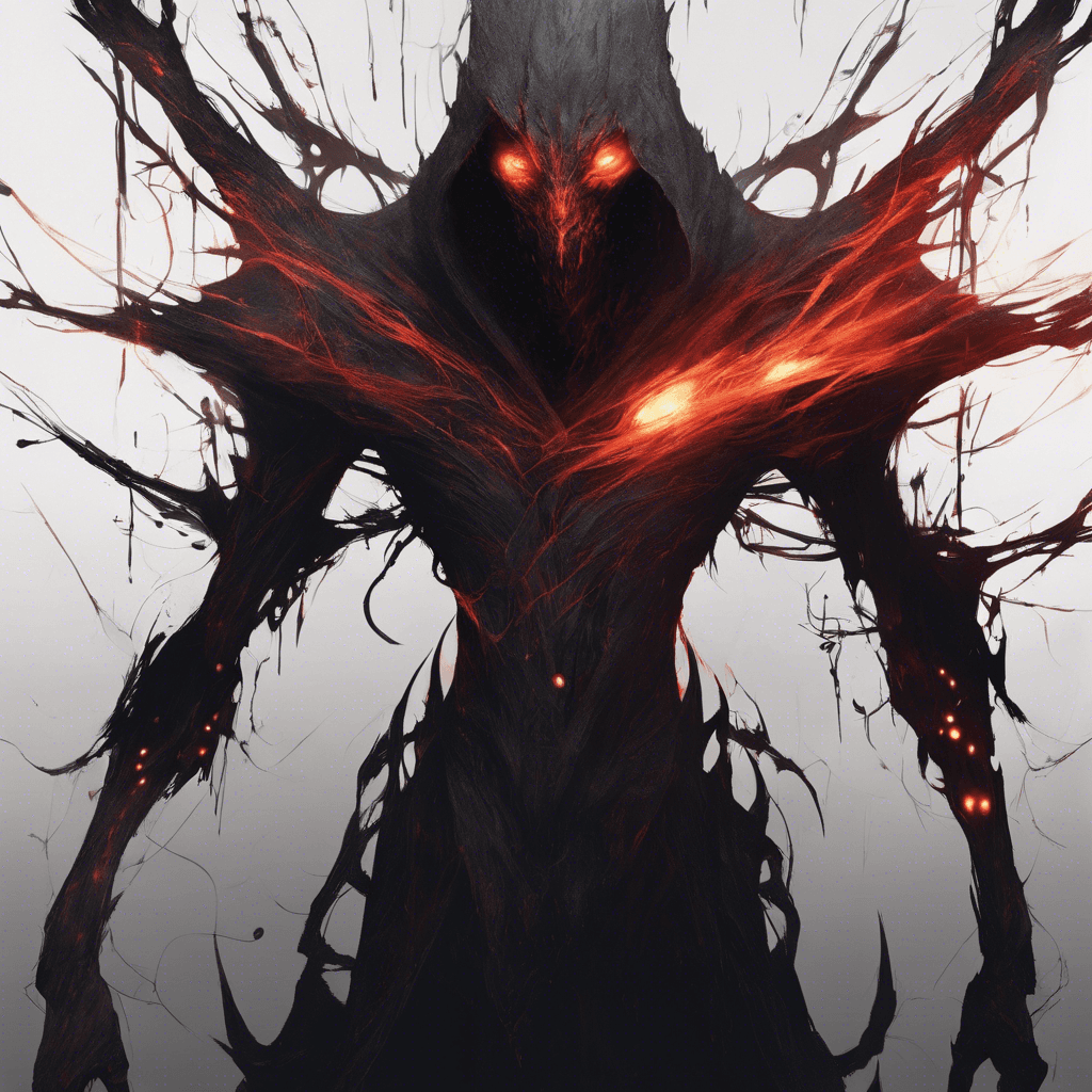 A sinister shadowy figure with transient, wispy edges and a humanoid shape. It has piercing red eyes that glow like embers in the dark.