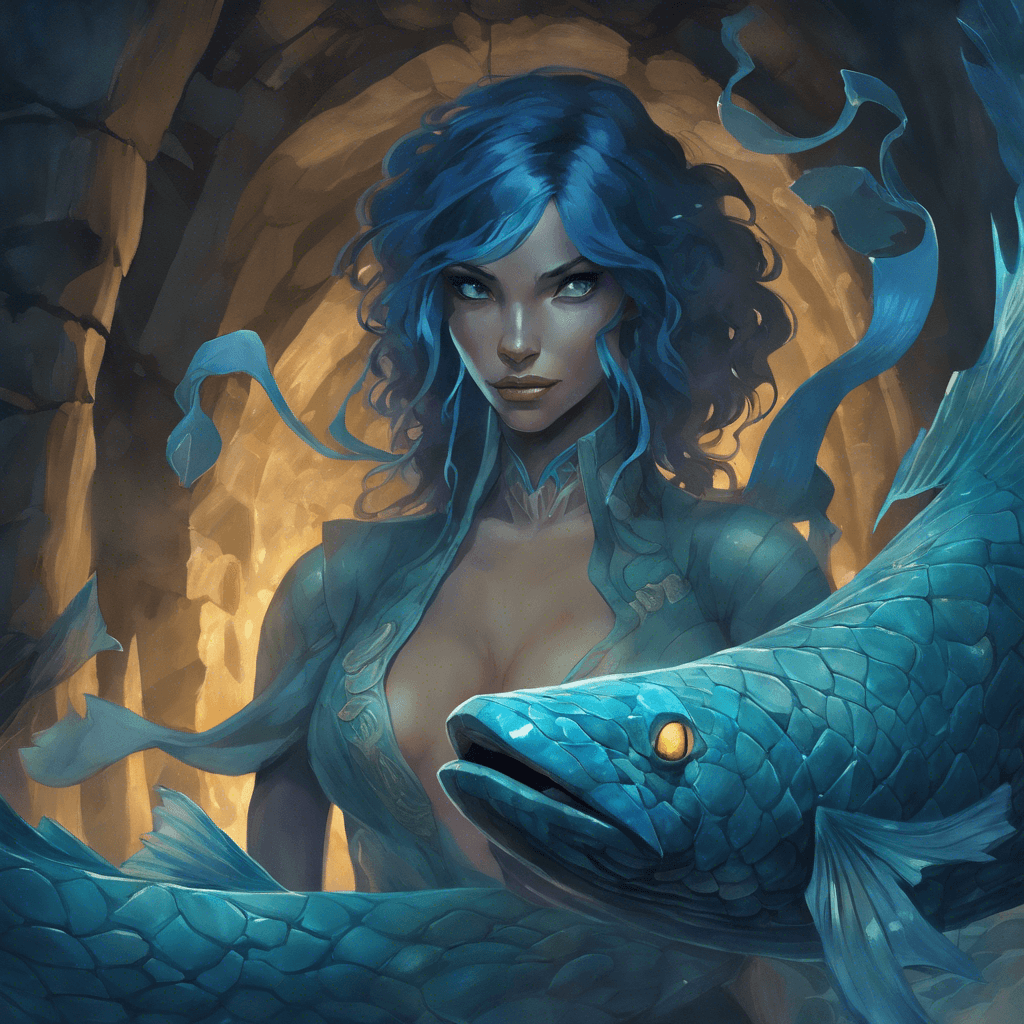 A creature with the upper body of a beautiful woman and the lower body of a serpentine fish, with scales that shimmer in the cavern's light. Her eyes glow an eerie blue, and her voice carries a hypnotic melody that reverberates off the cavern walls.