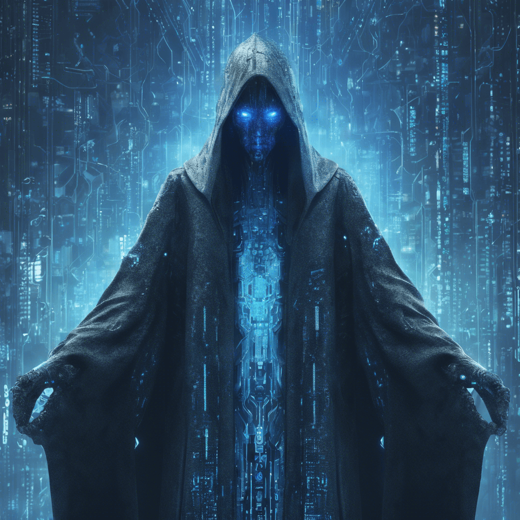 A towering humanoid figure shrouded in a cloak of shimmering digital code. Its eyes glow with an eerie blue light, and multiple cybernetic appendages extend from its body, equipped with a variety of hacking tools and energy weapons.