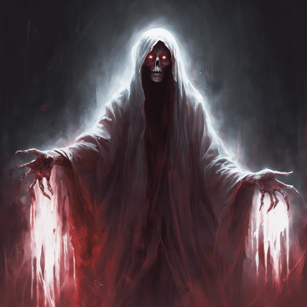 A ghostly figure, shrouded in tattered robes that seem to absorb any flicker of light. Its face is a ghastly void, eyes glowing with a malevolent crimson light, and its hands stretch out with claw-like fingers, eager to drain the life from anything they touch.