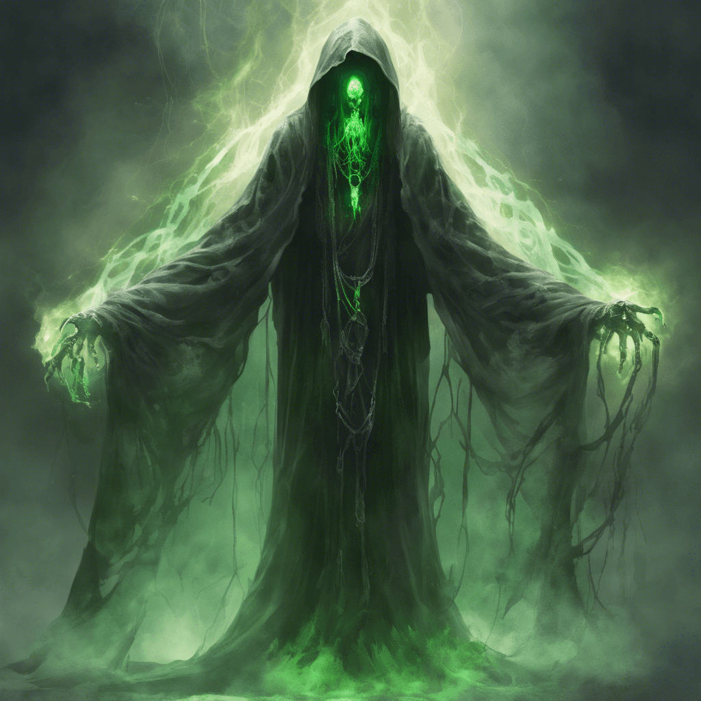 A transparent figure, cloaked in tattered robes floating inches above the ground. Its face is gaunt, with hollow eyes that burn with a malevolent green fire. Ethereal chains rattle as it moves, and a cold, otherworldly aura emanates from its form.