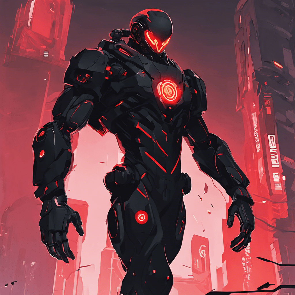 A shadowy figure in a sleek, black exosuit with glowing red optical visor and numerous concealed weapons built into the limbs. The silhouette is augmented by wiry muscle enhancements, lending an air of lethal precision.