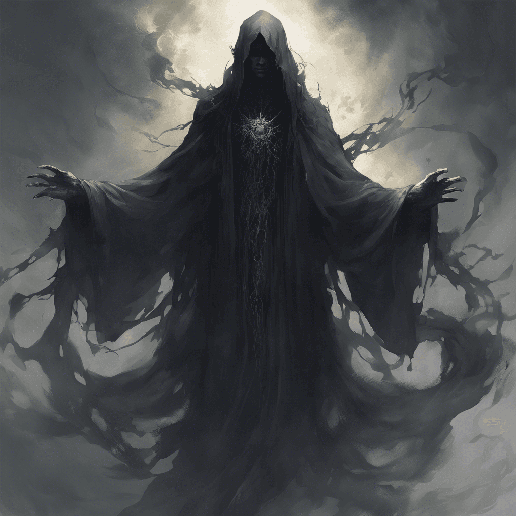 A shadowy figure with tattered, ethereal robes flowing without wind. Its eyes are empty voids, and its hands end in long, spectral claws.