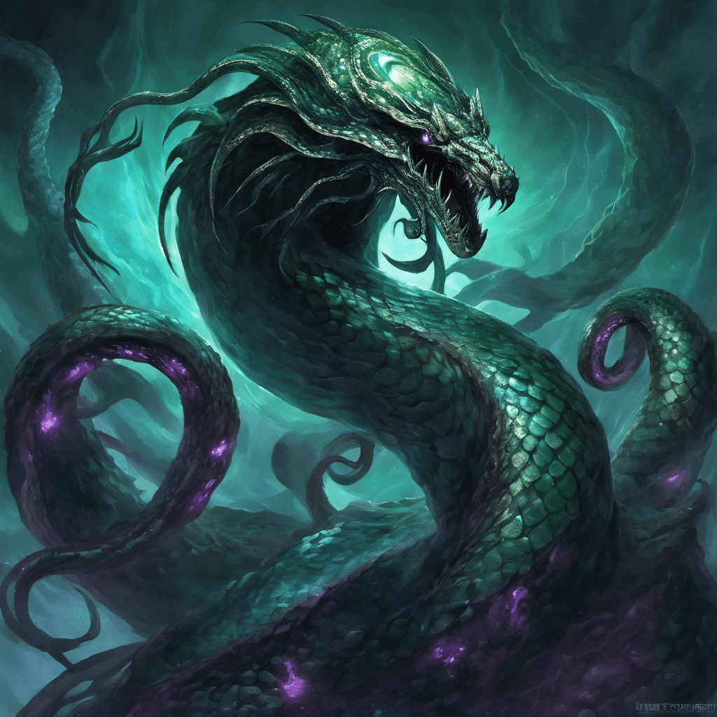 The Void Serpent is a massive, serpentine creature with shimmering scales that seem to absorb all light around it. Its eyes glow with a sinister energy, and it moves with a fluid grace that belies its size. Multiple tentacles extend from its body, each ending in a razor-sharp point, ready to strike at any moment.