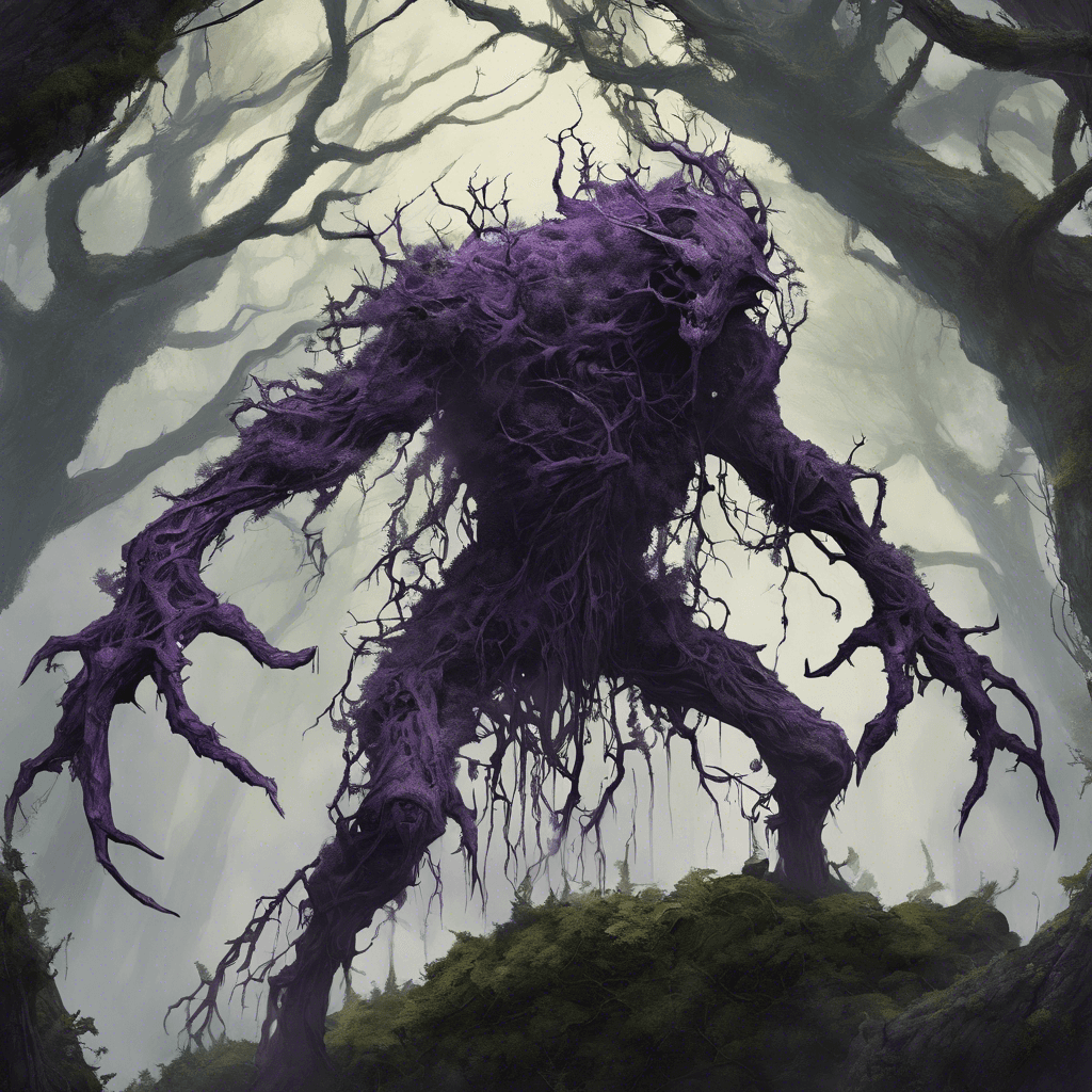 An imposing figure, the Cursed Treewalker stands tall over the forest canopy. Its bark is blackened and rough, veins of purple corruption pulsing beneath its surface. Vines, thorns, and dark moss hang from its branches, which end in sharp, claw-like twigs.