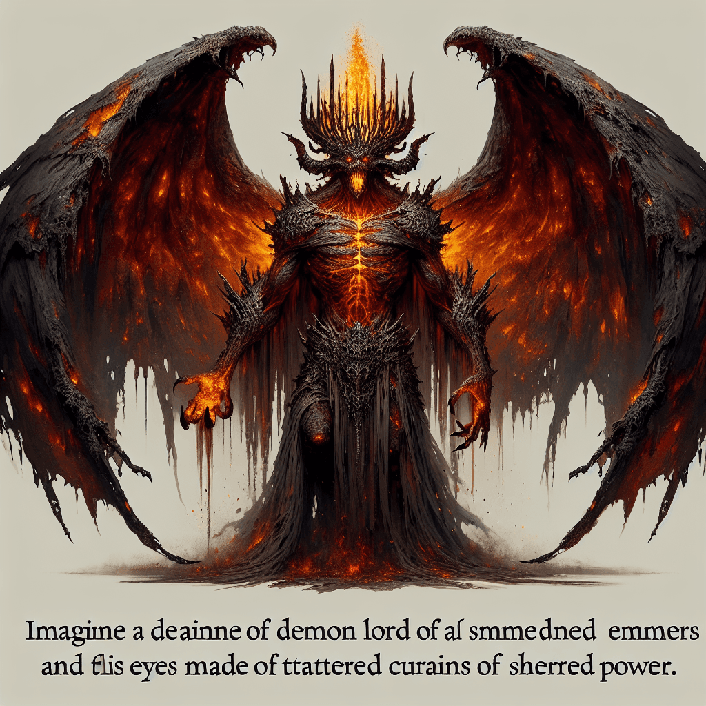 A towering demon lord with skin of smoldering ember and eyes like molten gold. It wields a whip of fire and wears a crown of blackened bone, exuding authority and hellish power. Its massive wings are like tattered curtains of darkness, constantly leaking a trail of smoke and ash.