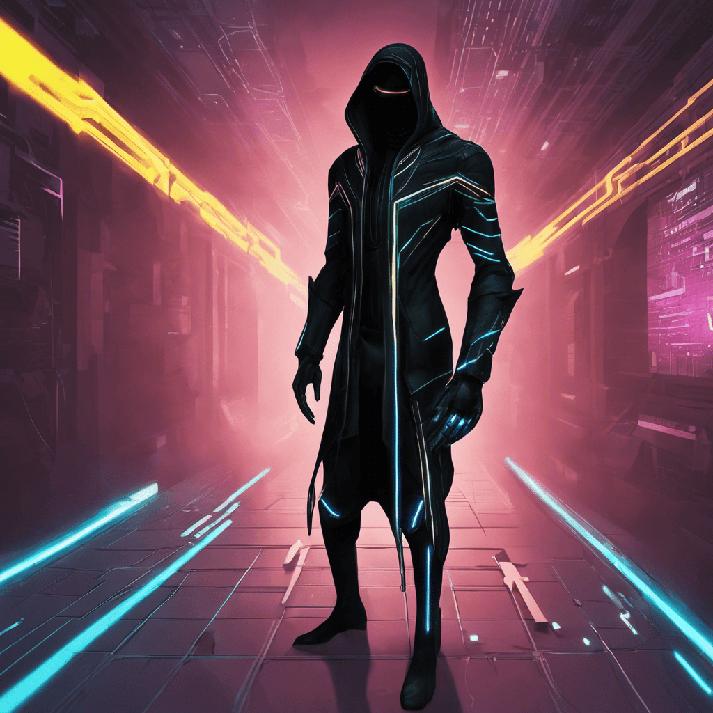 The Shadow Hacker is a mysterious figure dressed in a sleek black cyber suit with glowing neon lines running through it. Their visor hides their identity, and their cybernetic implants enhance their hacking abilities. They move with stealth and precision, striking fear into anyone who crosses their path.