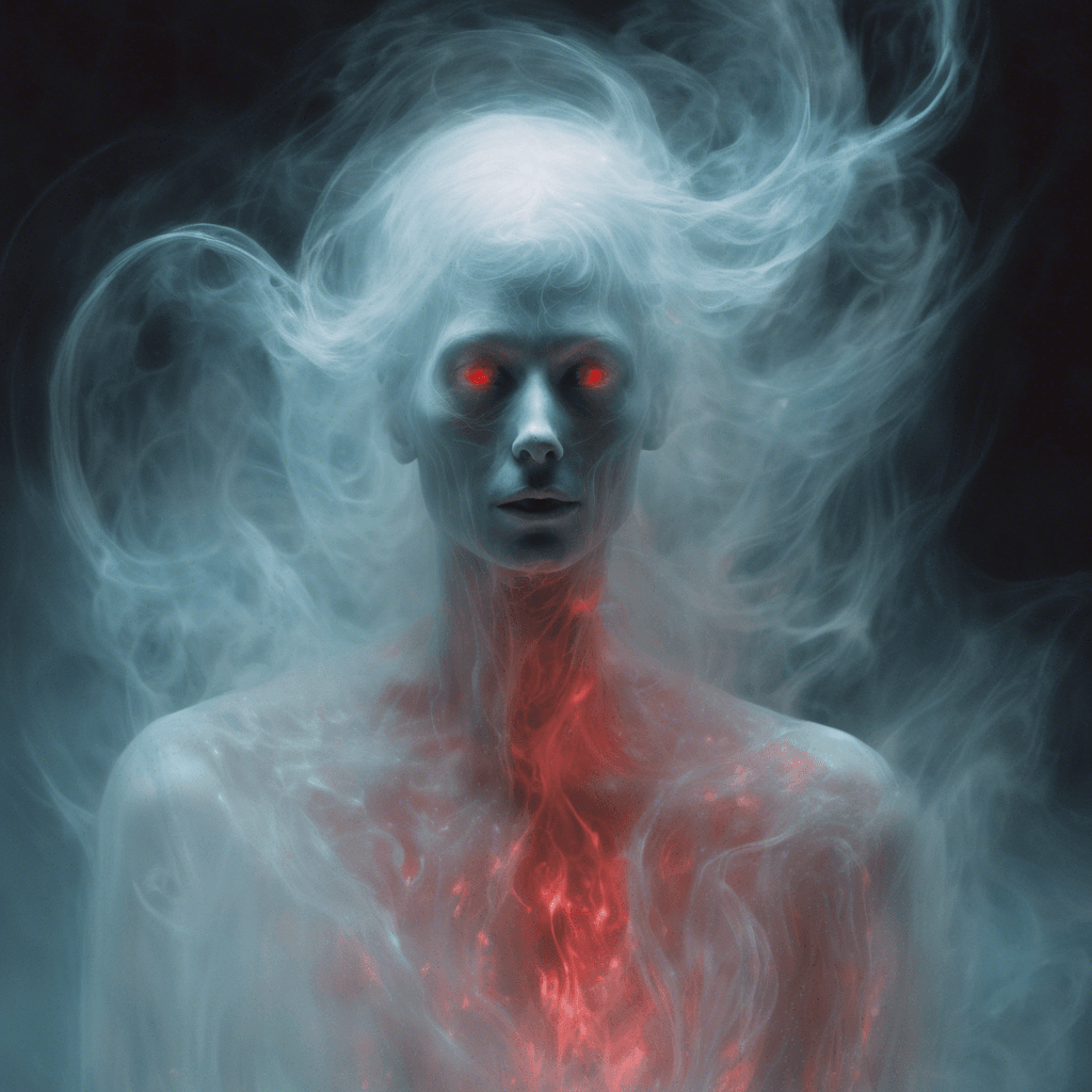 A ghostly figure, translucent and shimmering with a pale blue light. Its face is a blur, eyes glowing with a malevolent red. Ethereal tendrils of mist swirl around its form.