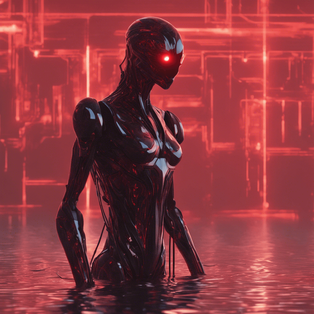 A humanoid figure cloaked in stealth tech, making it almost invisible. The only hint of its presence are the shimmering waves in the air, like heat distortion. A low hum of servos suggests cybernetic enhancements. Eyes glow faintly red through the distortions.