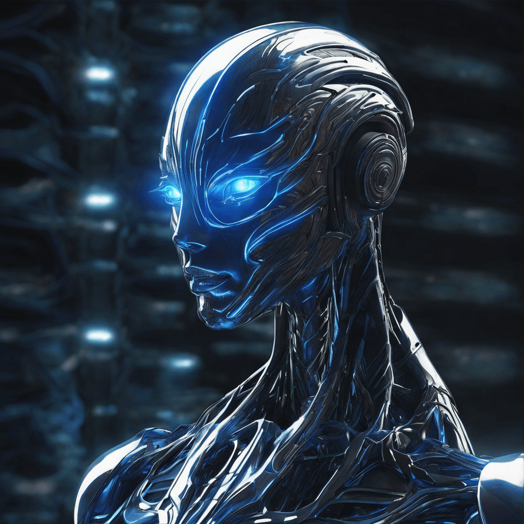 A sleek metallic entity, its body is an amalgamation of space-age alloys and shimmering energy circuits. Glowing blue lines trace the contours of its humanoid form, and its eyes are deep voids radiating a chilling, omniscient luminescence. The Sentinel drifts silently, exuding an aura of otherworldly strength and ancient knowledge.