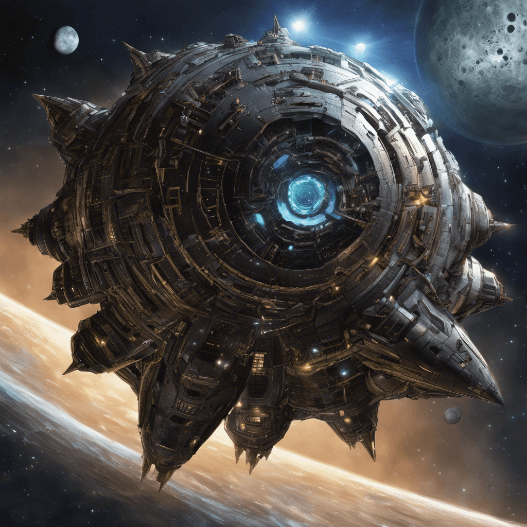 A massive ship of unfamiliar design, bristling with pulsating energy weapons, and covered in an almost chitinous metallic armor. It emerges from behind a nearby moon, its hull marked by radiant energy lines that gleam menacingly in the void of space.