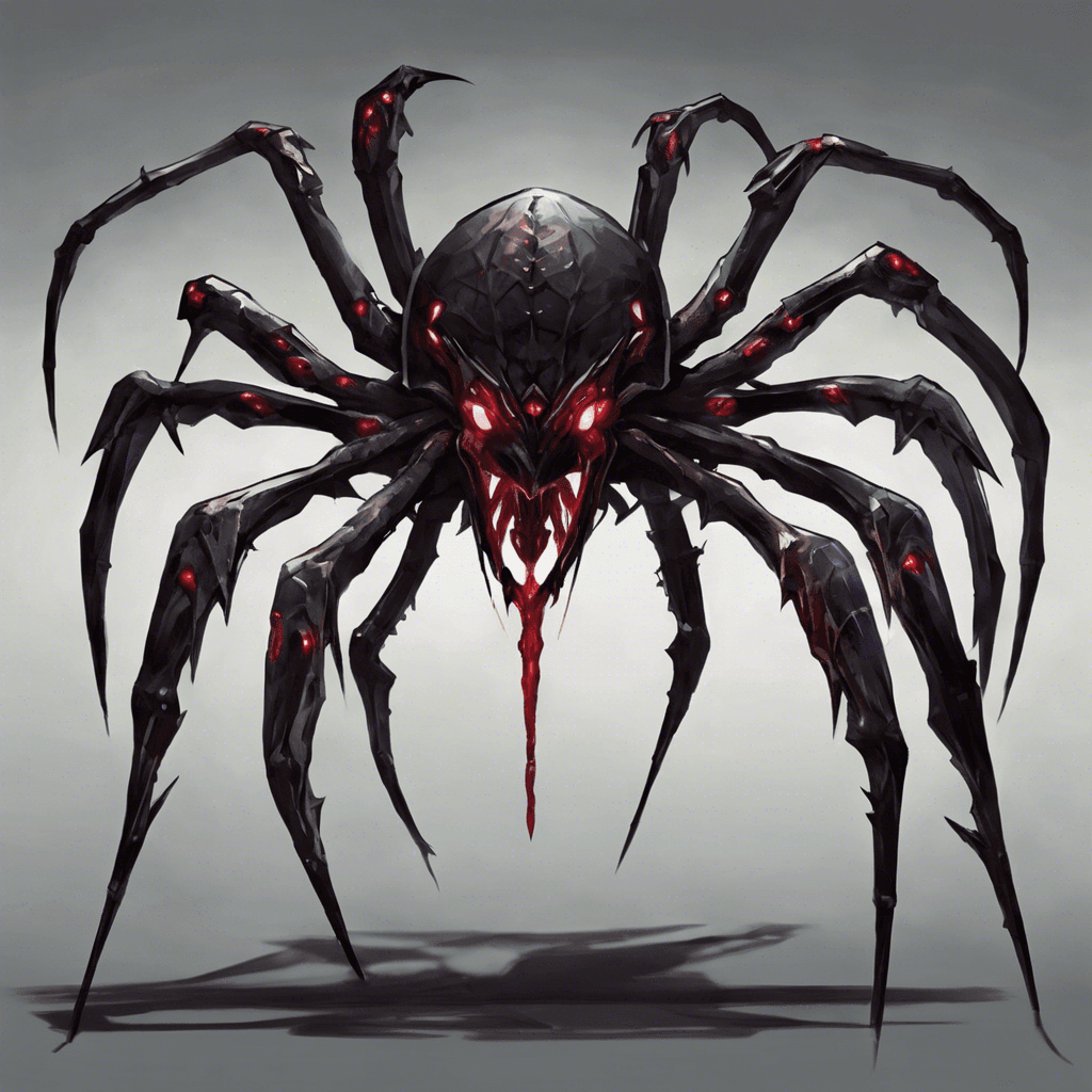 An enormous, eight-legged arachnid with glossy obsidian-colored chitin, and glowing crimson eyes. Its fangs drip with a luminescent venom, and its legs end in sharp points that can easily pierce through armor.