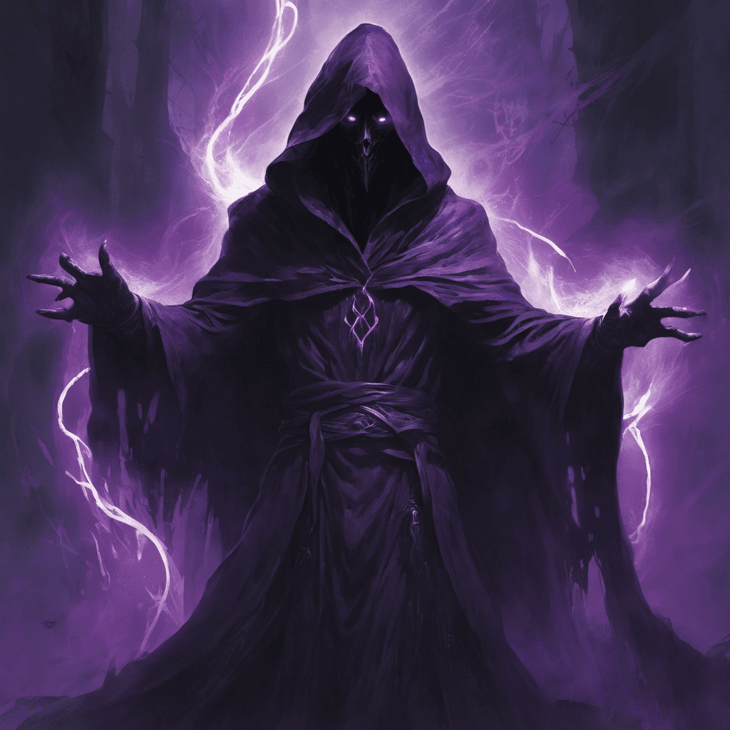 The tall, slender figure shrouded in tattered robes, the face obscured by a hood. Wisps of shadowy energy emanate from the hands, and eyes glow with a baleful purple light. The air around is heavy with arcane power, and the ground where the Doomseer stands is scorched with eldritch runes.