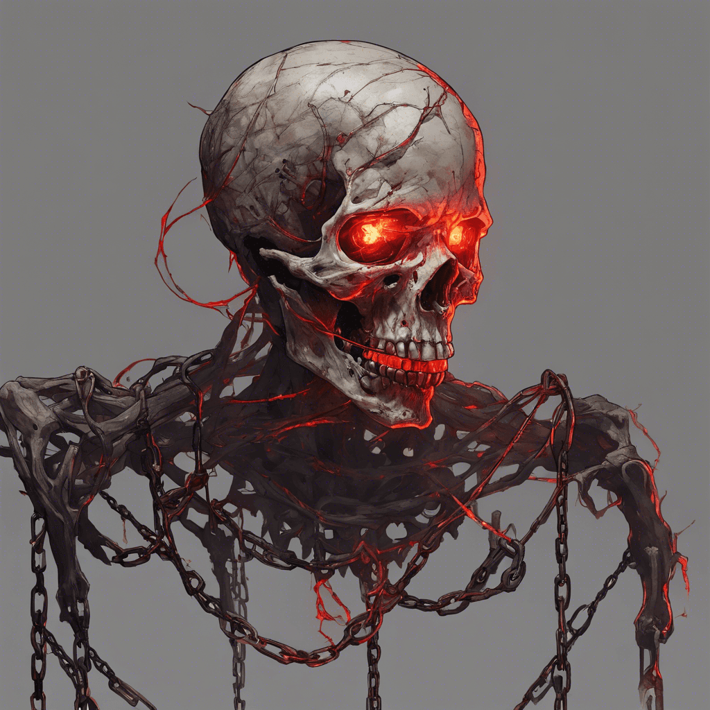 A revenant with pale, deathly skin stretched over a skeletal frame. Its eyes burn with a vengeful red glow. Shackle chains rattle and drag behind it, as it floats inches above the ground, a remnant noose tight around its throat.