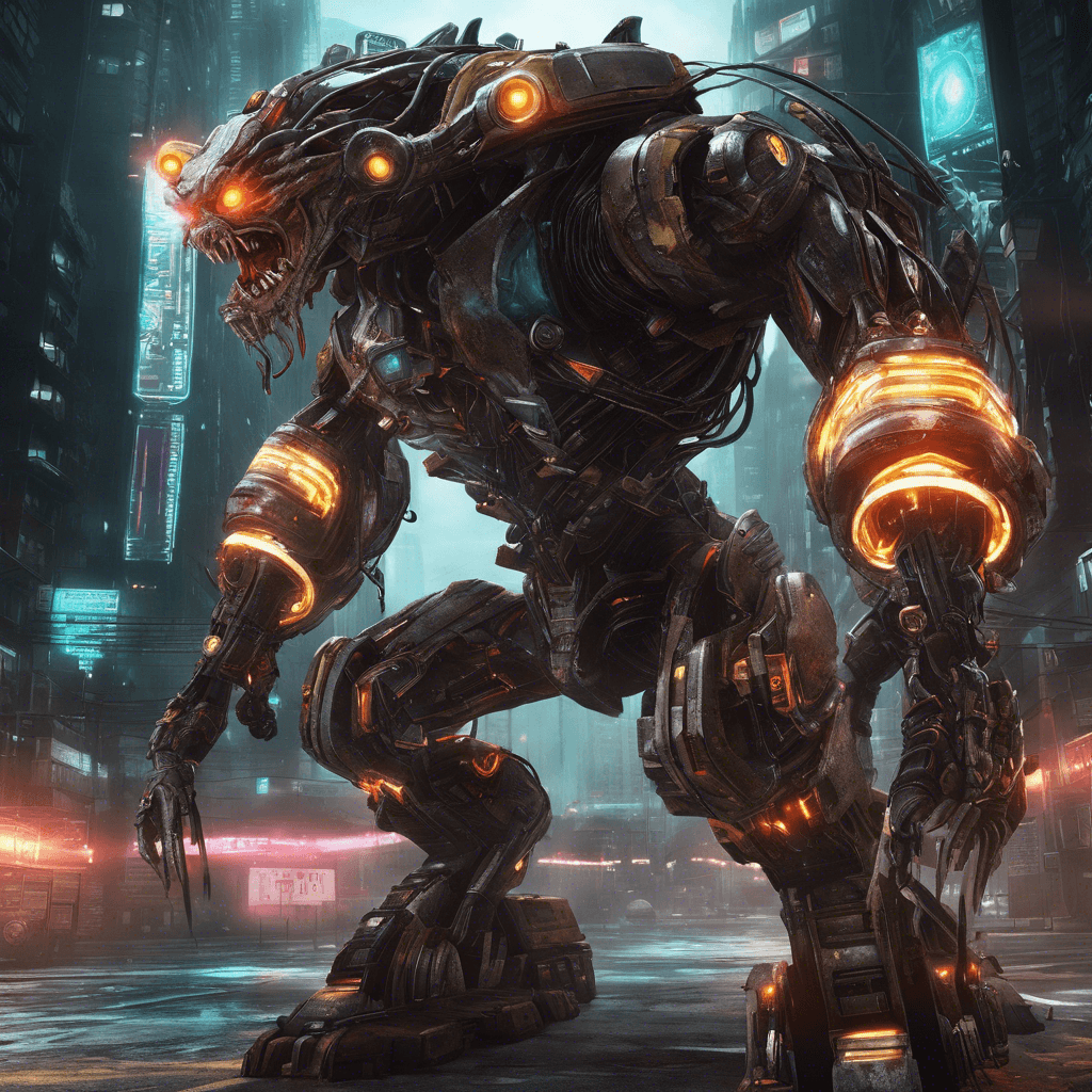 A behemoth of twisted metal and glowing circuitry, the Cyber-Beast moves with unnatural agility. Its eyes are twin lasers scanning for targets, and its limbs are equipped with various implements of destruction: saws, drills, and an array of hacking devices.