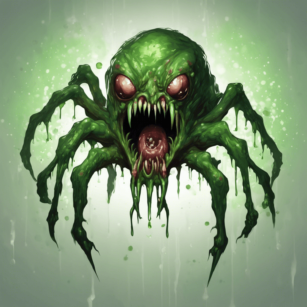 A grotesque, spider-like creature, its body swollen and covered in poisonous green pustules, oozing with venom. Its fanged maw drips with deadly liquid, and its multitude of eyes glisten with a malicious hunger.