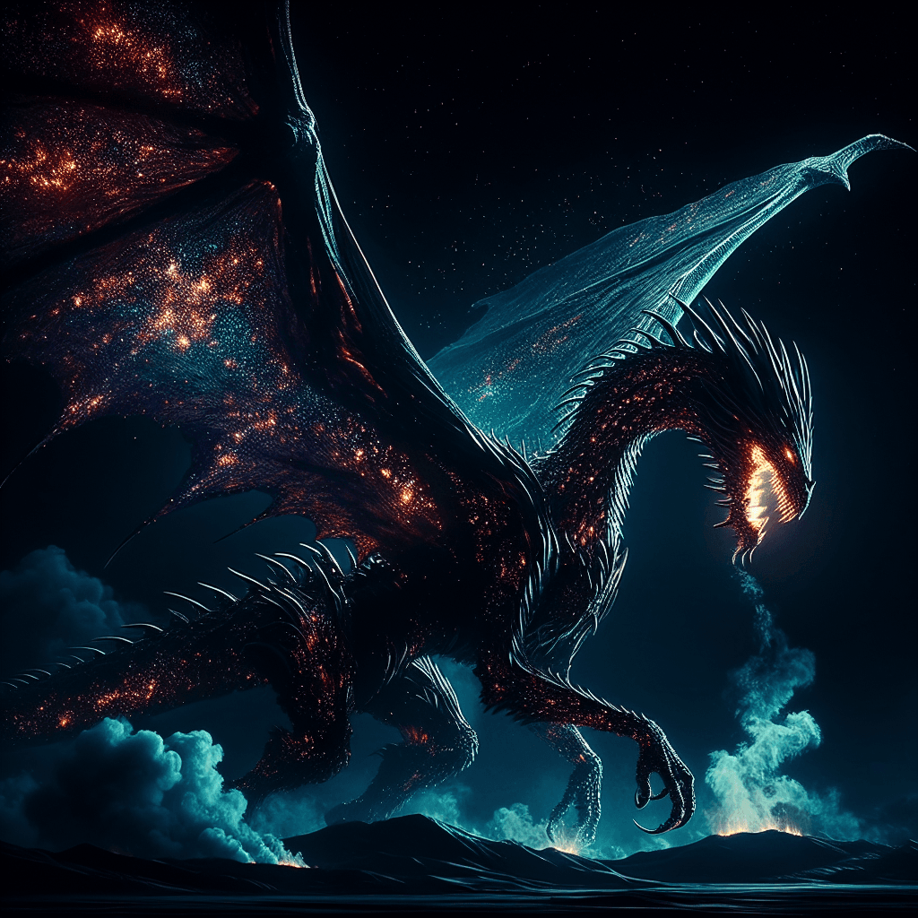 The Twilight Drake is a massive winged creature, with scales shimmering in the darkness of night, eyes glowing like embers, and smoke billowing from its snarling maw.