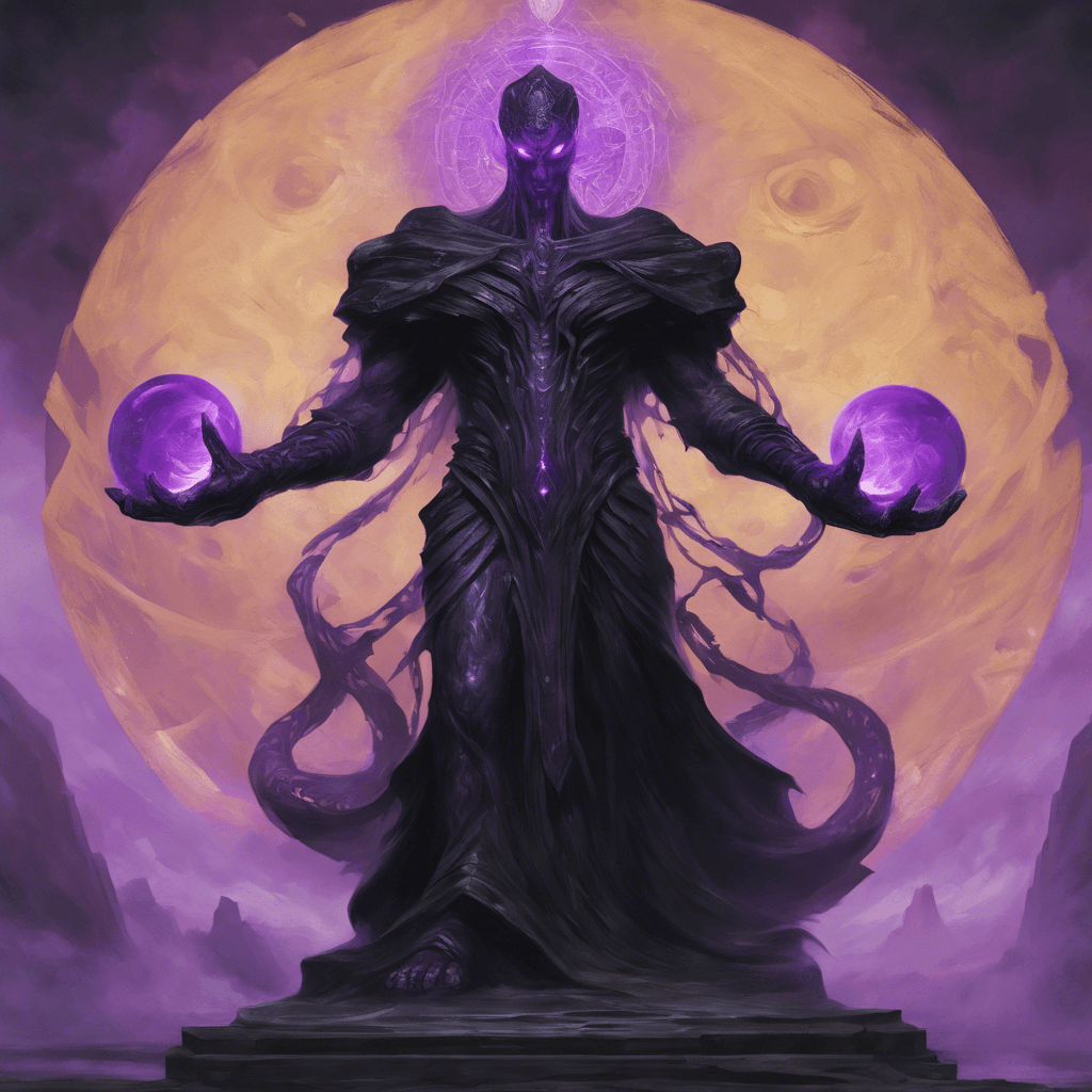 A towering figure carved from jet-black stone strides forward, eyes aglow with purple eldritch energy. It moves with an ominous rumble, a sense of ancient power emanating from its very core.