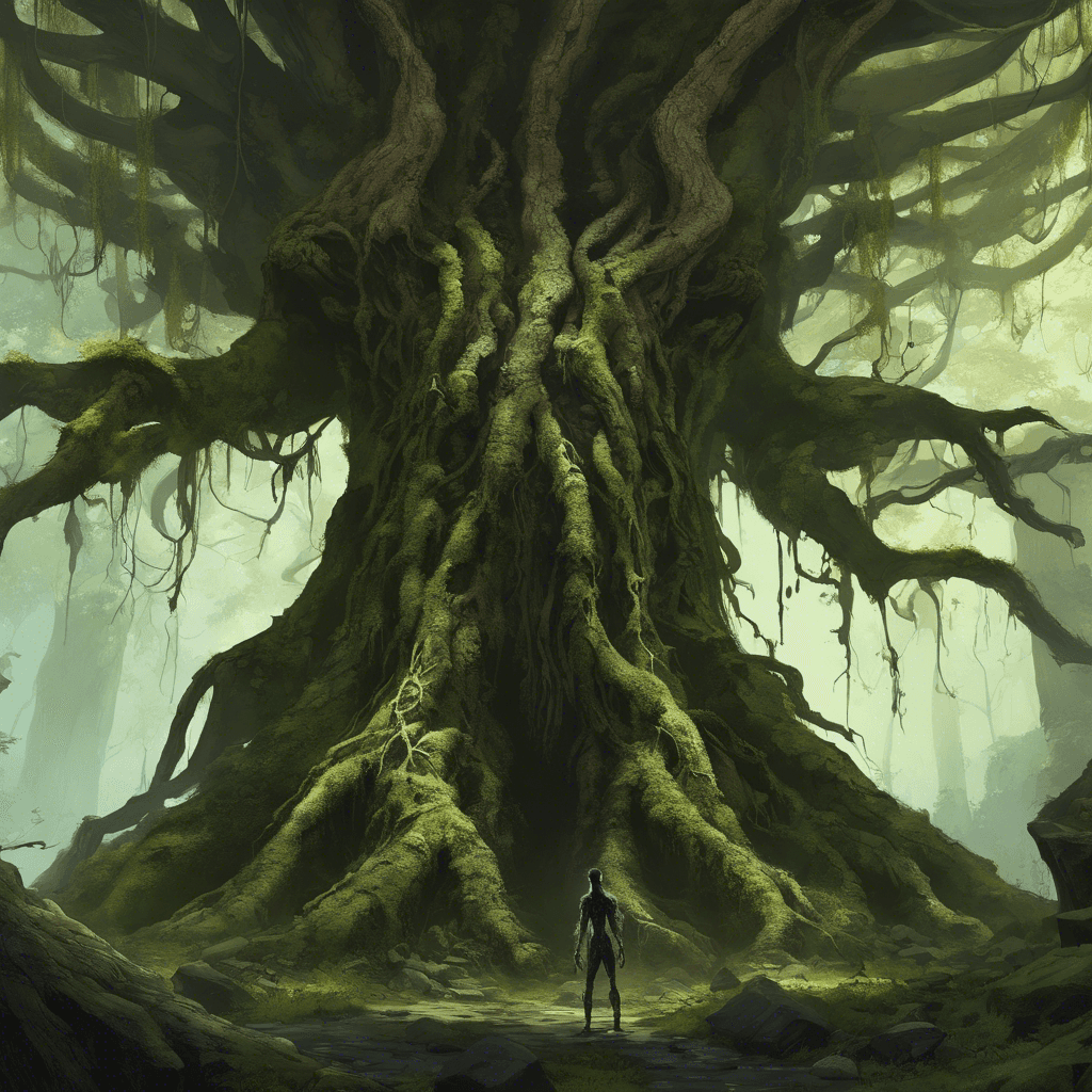 A massive tree-like creature, standing humanoid in shape, towering above with elongated limbs. Its bark is a deep brown with pulsing green veins, and its eyes glow with an eerie, unnatural light. Moss and fungal growths drape over its shoulders, and its hands look capable of crushing stone.