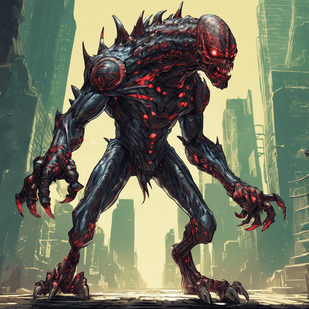 The Xenon Ravager is a hulking alien creature with a metallic exoskeleton, glowing red eyes, and razor-sharp claws. Its body is covered in intricate patterns that seem to pulse with energy, and it emits a low growl that sends shivers down your spine.