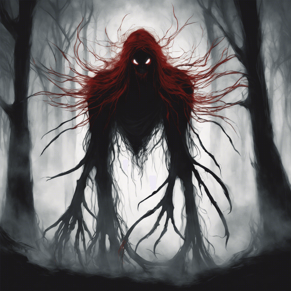 The Wraith is a shadowy figure, barely visible in the dim light of the room. Its ethereal form seems to flicker and shift, making it hard to focus on. Long, wispy tendrils of darkness trail behind it, reaching out towards its prey. Its eyes glow a malevolent red, filled with malice and hunger.