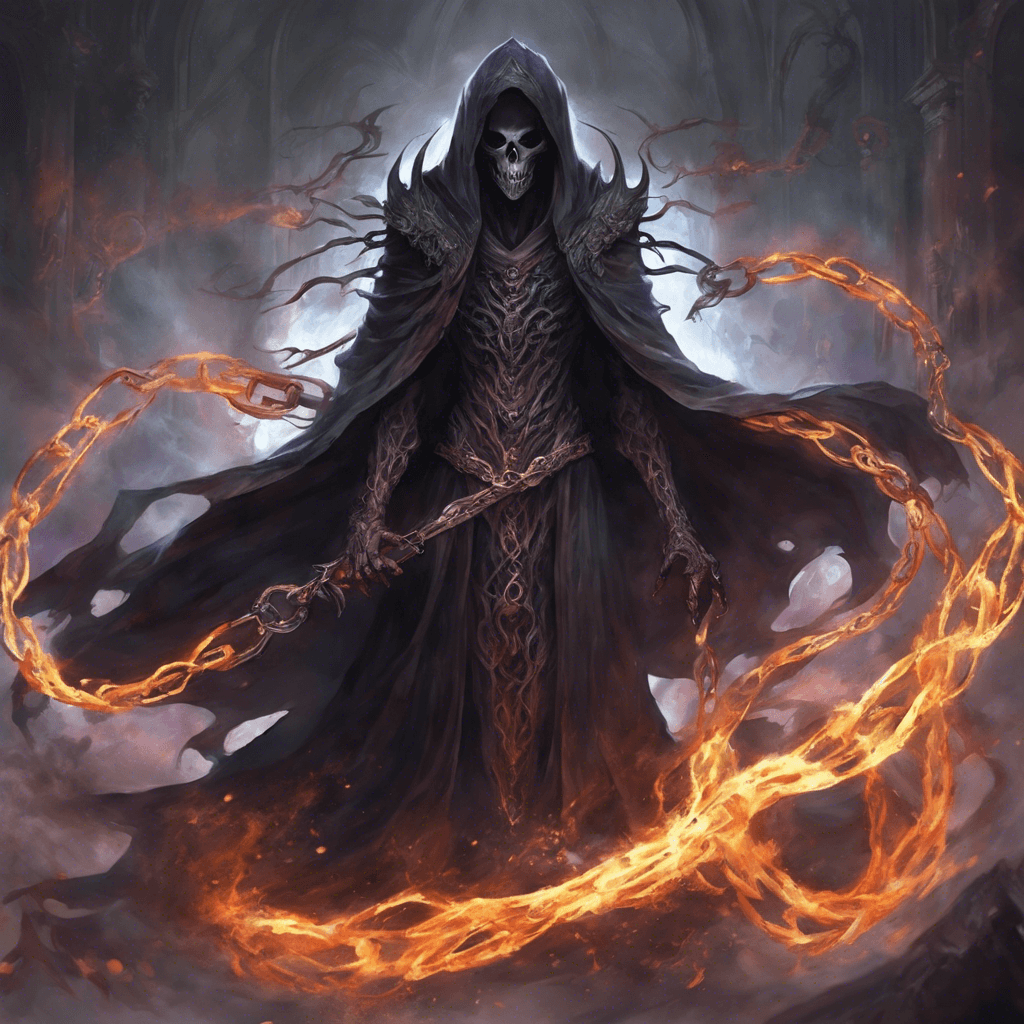 An ethereal specter, shrouded in eldritch flames and darkness, with eyes that burn like embers. Its torn, flowing robes seem to leak shadows, and ghostly chains rattle with each movement. It wields a spectral scythe that appears to cut through the very fabric of reality.