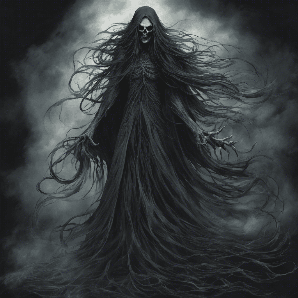 The Banshee of Shadows is a spectral being cloaked in darkness, with long flowing hair that seems to be made of wisps of black smoke. Its eyes glow with an otherworldly light, and its haunting wail can freeze the blood of any who hear it. The very presence of this malevolent spirit fills the air with a bone-chilling cold, and its touch drains the life force from its victims.