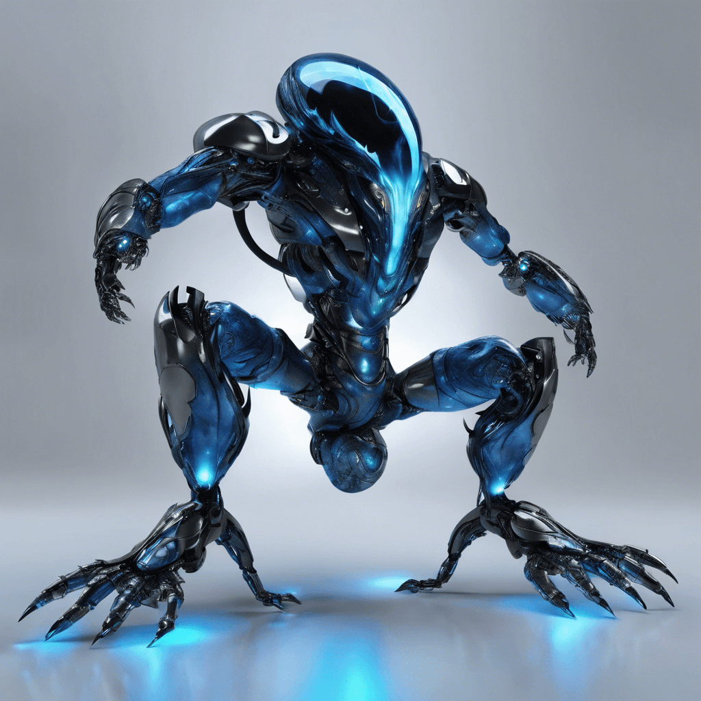 A sleek, metallic entity floats ominously, its body composed of swirling blue and black energies contained within a humanoid shell, eyes glowing with an inner light while robotic appendages crackle with arcane energy.