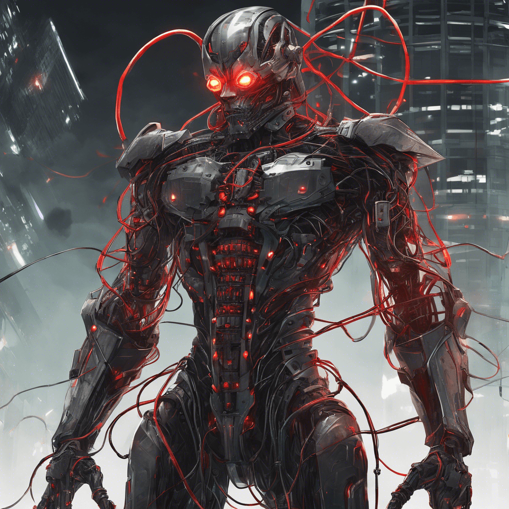 A towering figure clad in armored cybernetics, with glowing red eyes and wires integrating with his flesh, crafting an air of menace and power.