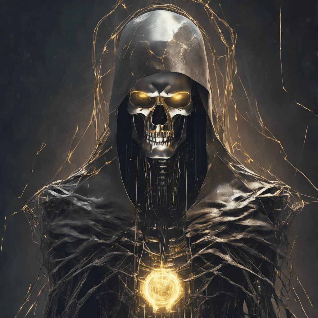 A tall and ominous figure draped in a tattered digital cloak, with a face obscured by a glowing, skull-shaped visor. Arcs of electricity crackle between its metal-clad fingers showcasing its cybernetic enhancements.